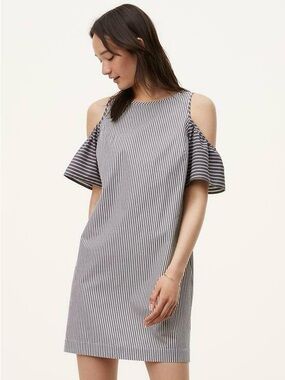 LOFT Mixed Stripe Cotton Poplin Cold-Shoulder Mini Shift Dress Minimalist Clean